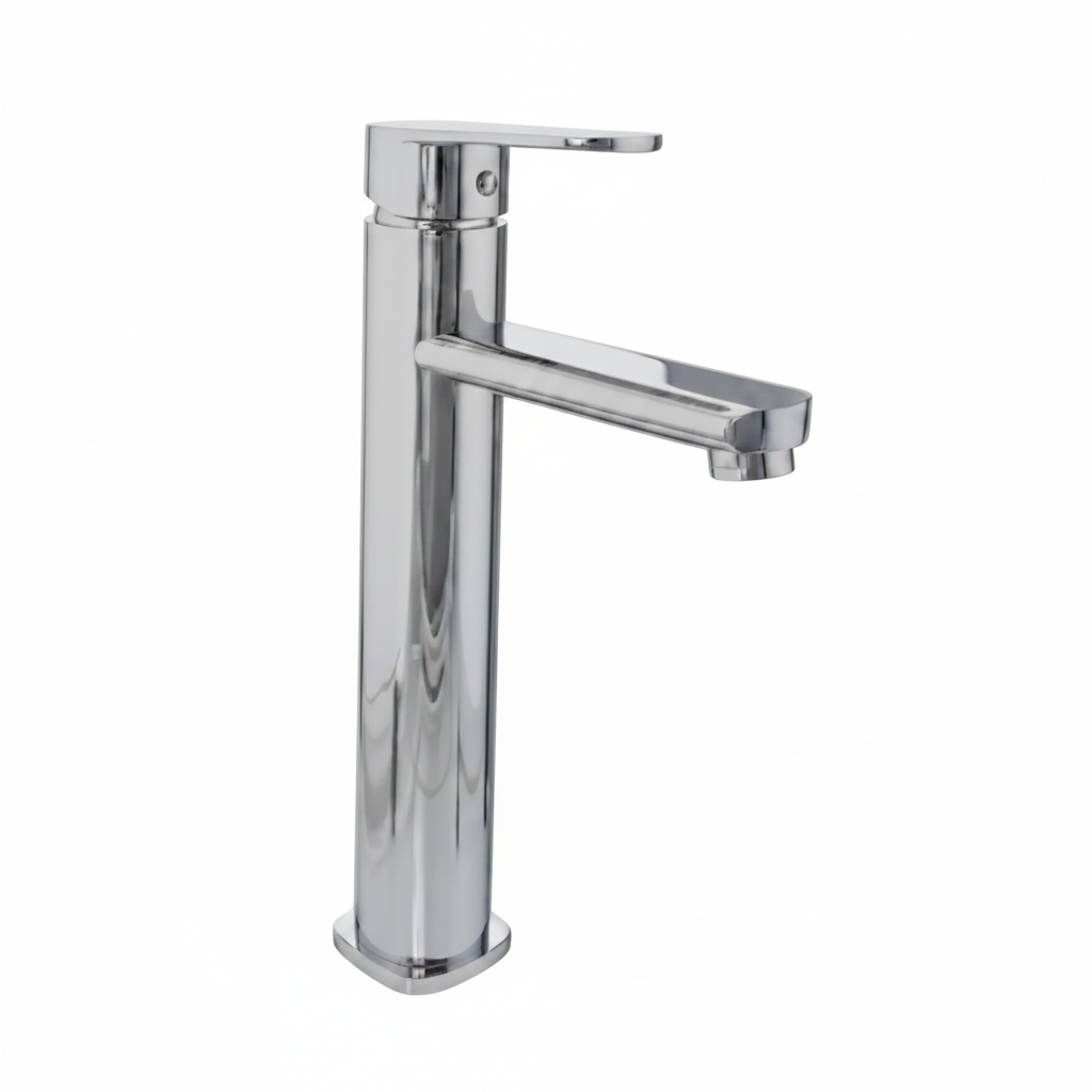 Chrome bathroom faucet on a white background