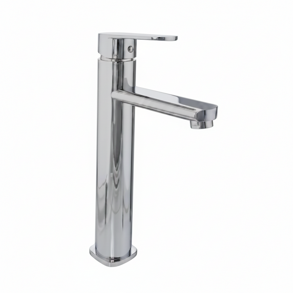 Chrome bathroom faucet on a white background