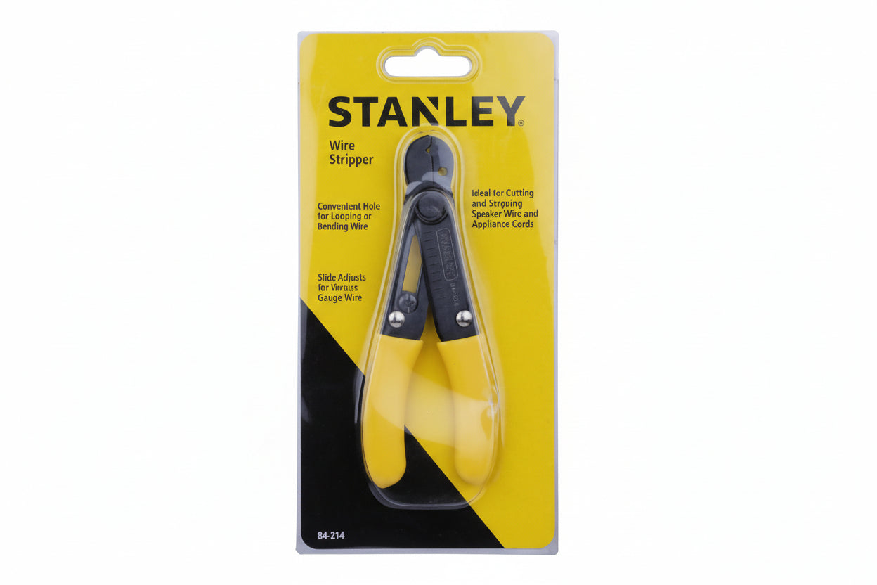 Stanley wire stripper on yellow packaging with text